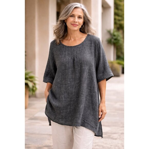 FLAX Linen Tunic Top Women’s L Charcoal Gray Oversized Made Lithuania - Picture 1 of 7